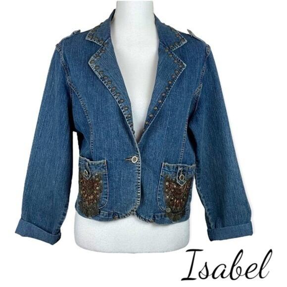 Isabel Beaded Sequined Boho Hippie Festival Blue Jean Jacket Size M - Picture 2 of 11